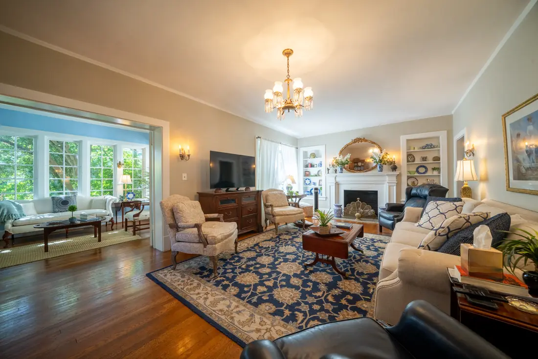 Living room with fireplace and built-ins